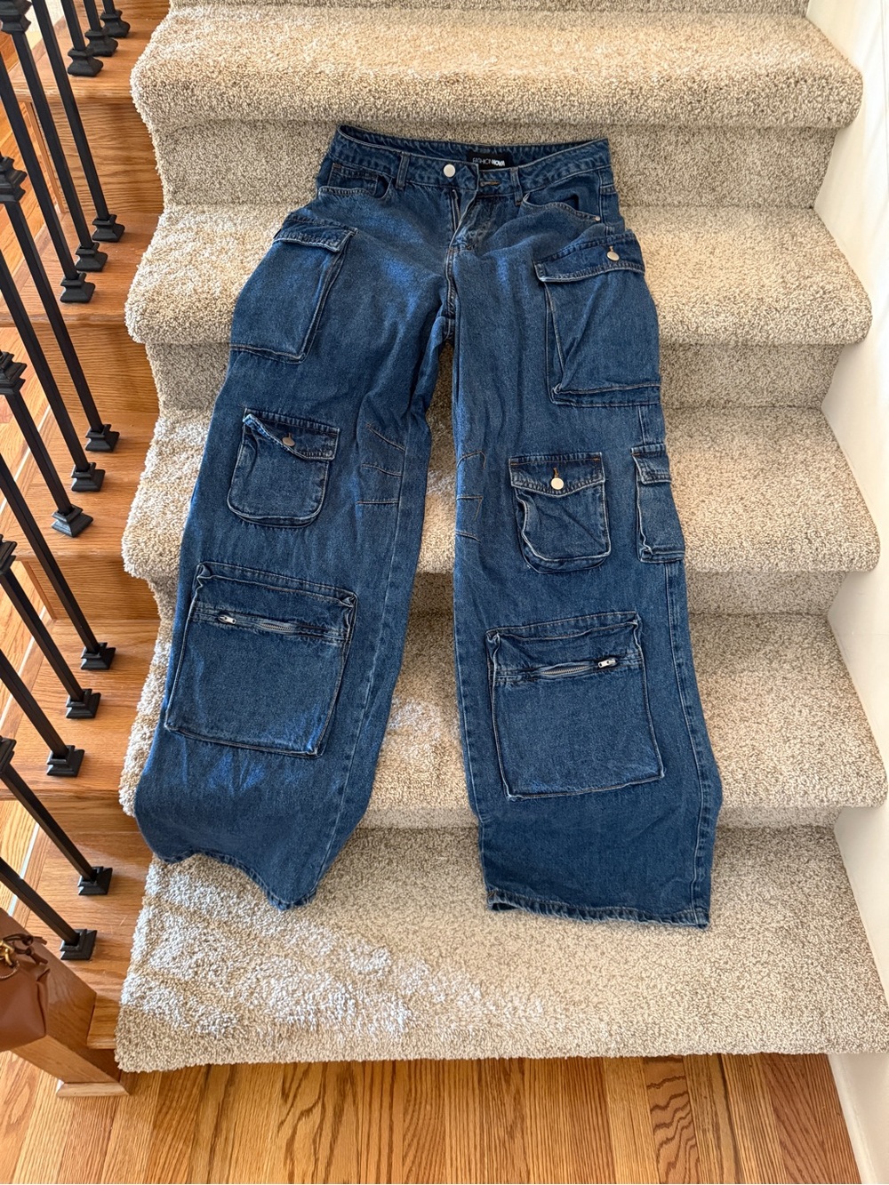 Fashion Nova Dark Blue Cargo Jeans with Multiple Pockets